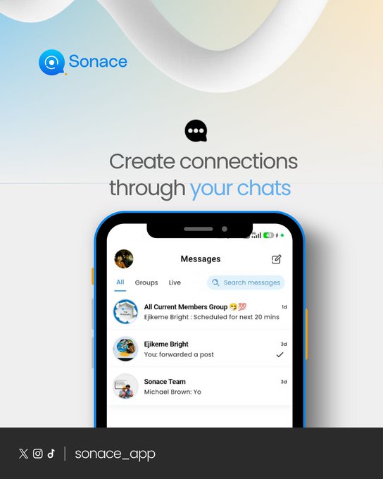 Sonace Messages screen — group chats, direct messages, and live chat